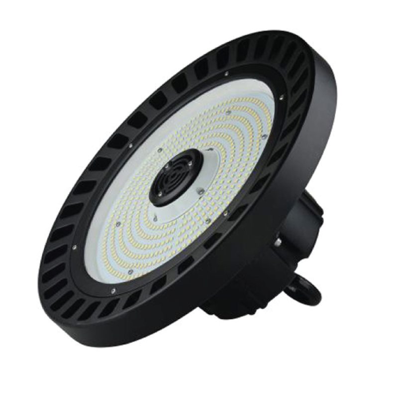 UFO LED high bay light for warehouse lighting, energy-efficient industrial ceiling fixture with durable black aluminum housing