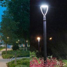 Modern LED garden lighting with decorative pole lights illuminating pathways and landscaped outdoor spaces at night