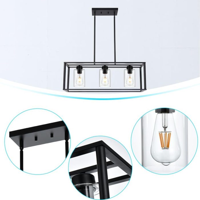 3-Light Modern Linear Contemporary Chandelier – Black Metal Frame with Clear Seeded Glass Shades – Adjustable Height Kitchen Island - Image 7
