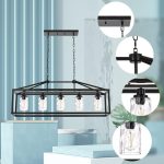 5-Light Modern Linear Chandelier – Black Metal Frame with Clear Seeded Glass Shades – Adjustable Height Kitchen Island Pendant - Image 5