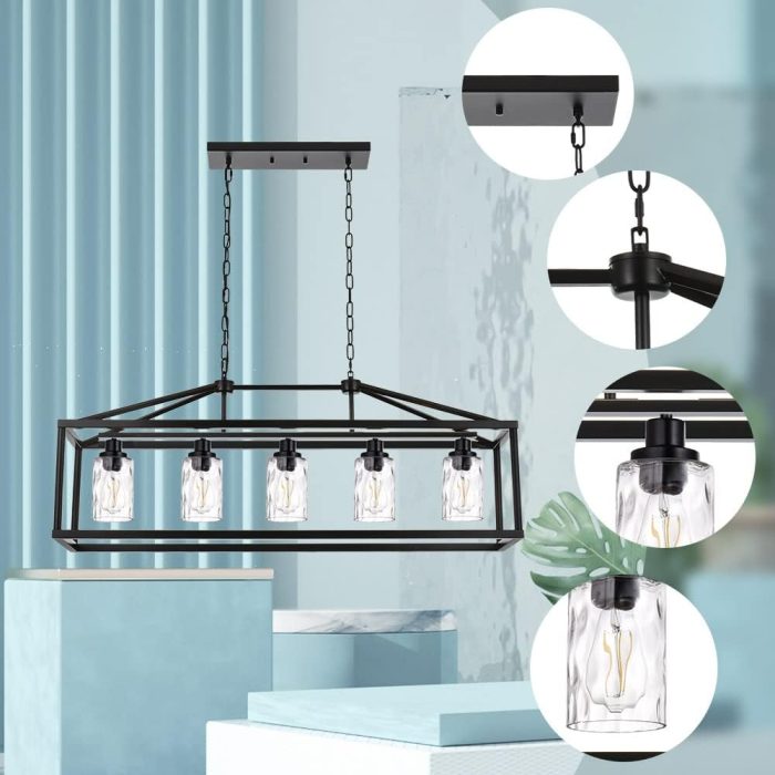 5-Light Modern Linear Chandelier – Black Metal Frame with Clear Seeded Glass Shades – Adjustable Height Kitchen Island Pendant - Image 5