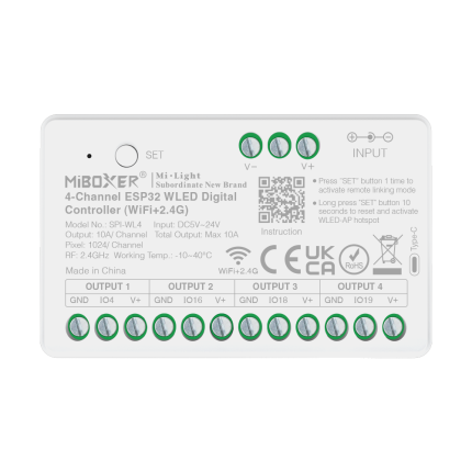 MiBoxer SPI-WL4 ESP32 WiFi LED controller with 4-channel addressable LED outputs, DC 5V–24V input, WLED support, and 2.4GHz smart lighting control