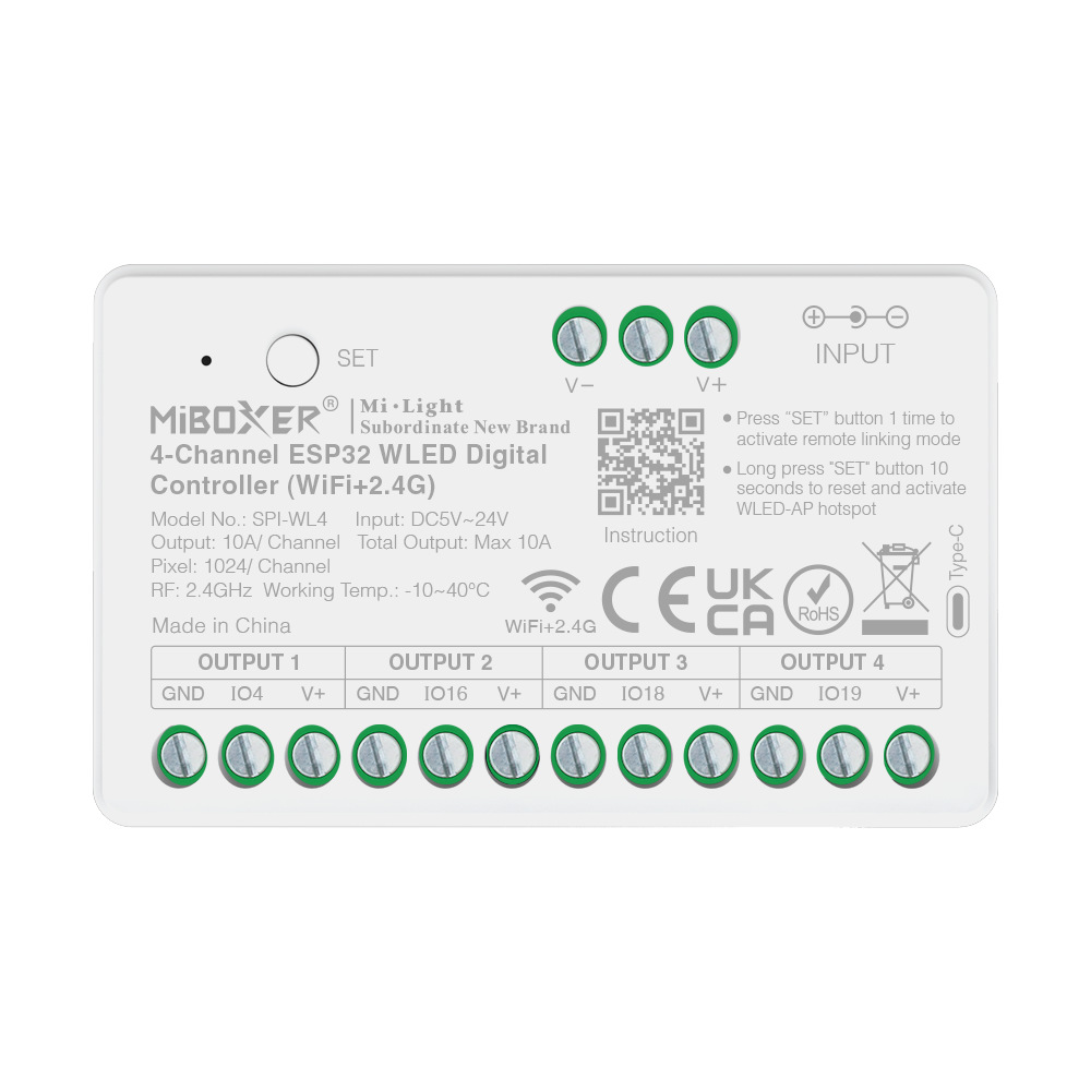 Supetechleds-SPI-WL4-WLED-Controller SPI-WL4 4-Channel ESP32 WLED Digital LED Controller – WiFi + 2.4GHz RF, DC5-24V, 1024 Pixels/Channel - Image 1