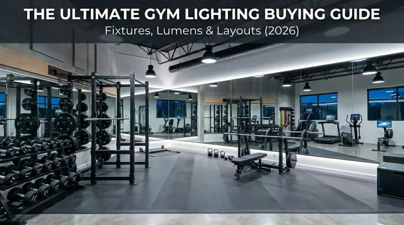 High-end commercial fitness studio at dusk with linear LED high bays, zoned accent lights on squat racks, and bright mirror wall.
