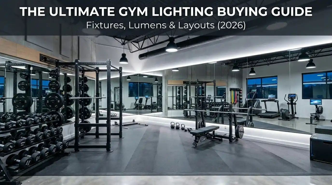 High-end commercial fitness studio at dusk with linear LED high bays, zoned accent lights on squat racks, and bright mirror wall.