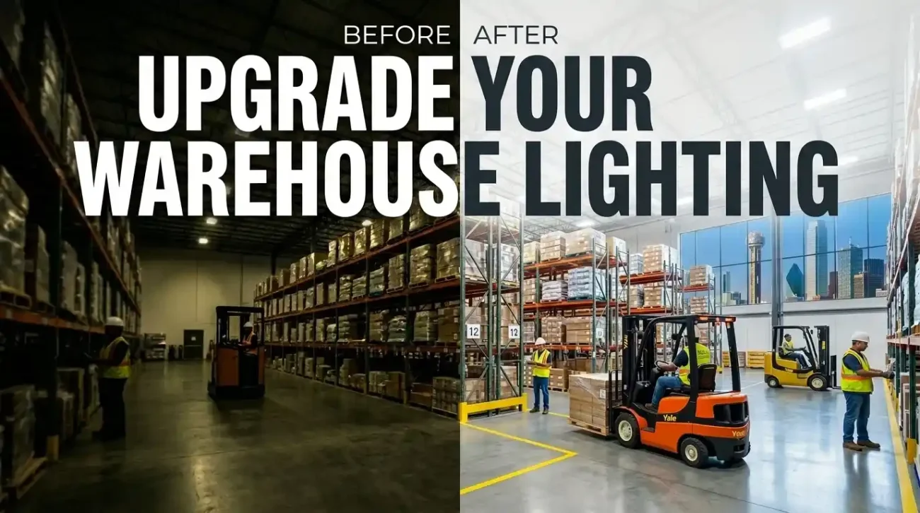 warehouse LED lighting installation in Dallas TX with high bay lights