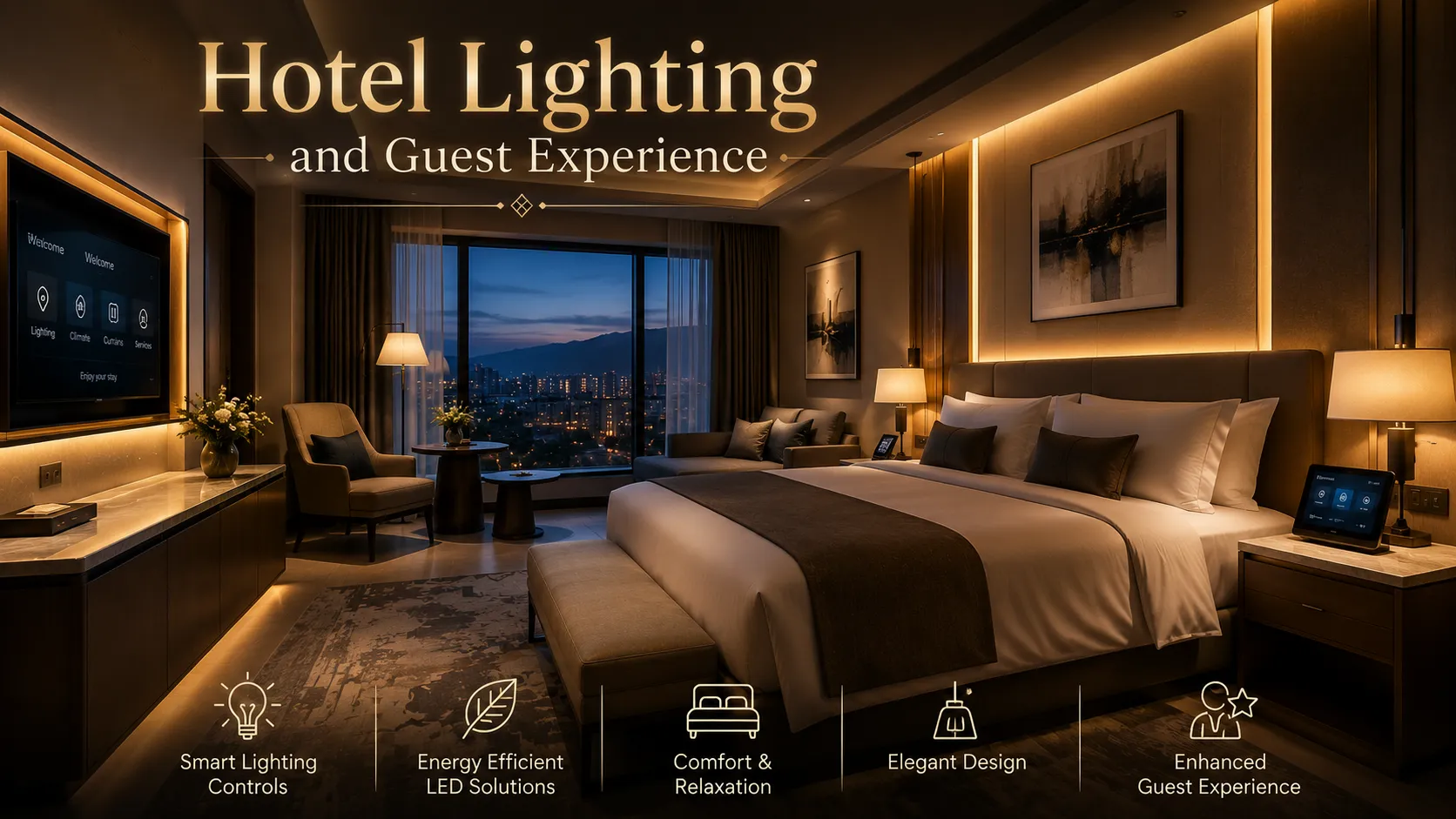 Luxury hotel lobby with modern LED lighting enhancing guest comfort and hospitality ambiance.