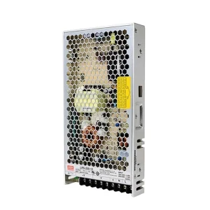 Mean Well LRS-200 enclosed switching power supply with metal honeycomb case for LED lighting, CCTV systems, industrial automation, and DC power applications.