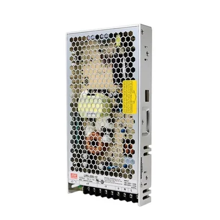 Mean Well LRS-200 enclosed switching power supply with metal honeycomb case for LED lighting, CCTV systems, industrial automation, and DC power applications.