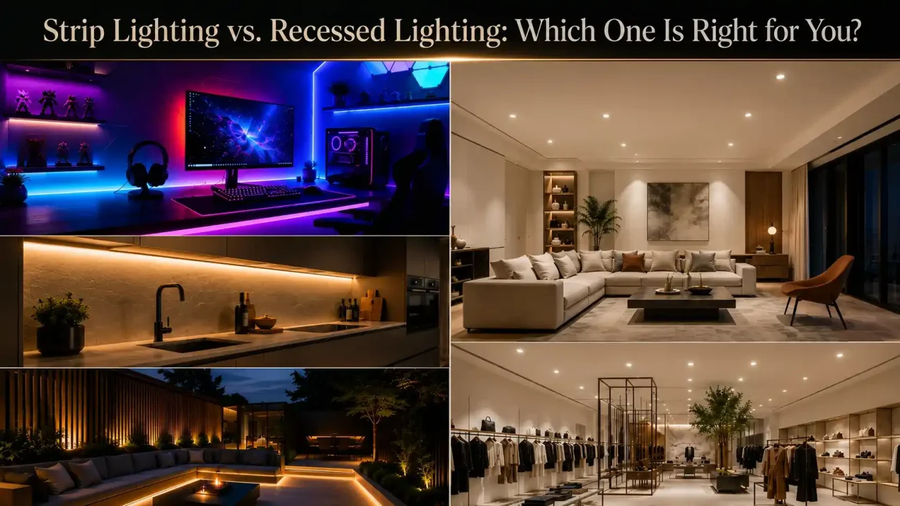 Strip lighting under kitchen cabinets vs. recessed ceiling downlights — side-by-side comparison