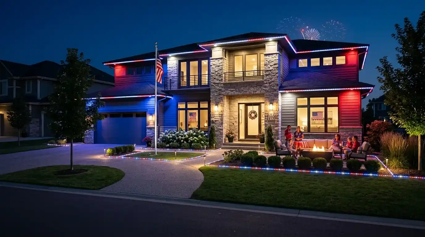 Modern suburban home illuminated with red, white, and blue LED flood lights, wall washers, strip lights, and pathway lighting for a 4th of July outdoor celebration at night.