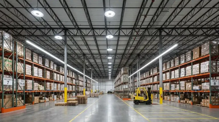 Commercial LED warehouse lighting with UFO and linear high bay lights