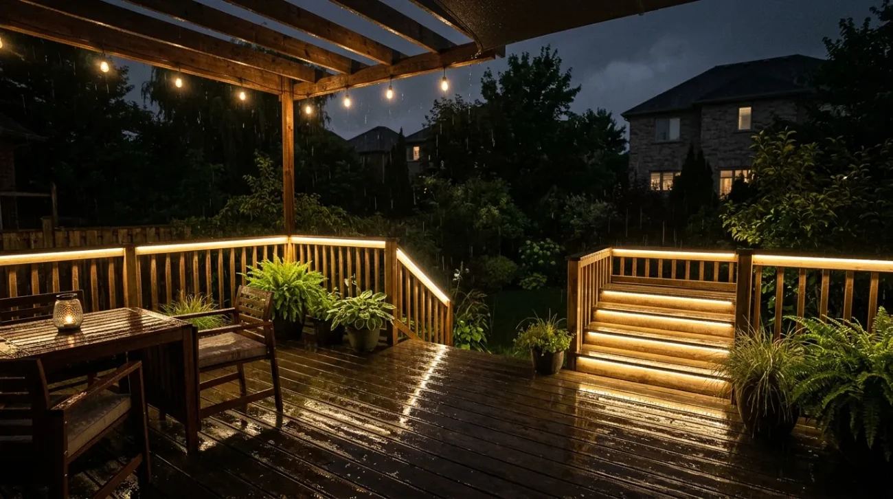 Weatherproof IP65 LED strip lighting installed on an outdoor patio deck