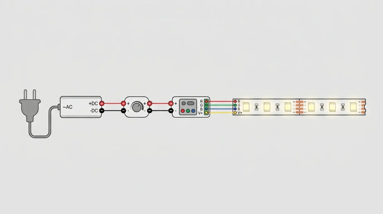Diagram showing LED strip light compatibility with driver, dimmer, and controller