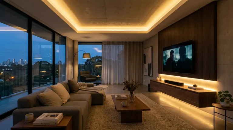 Warm LED lighting installed in a modern living room ceiling cove and TV console