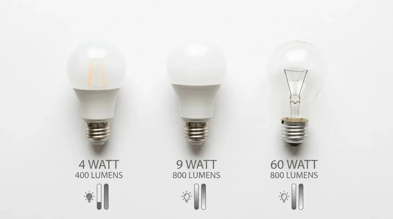 Comparison of LED bulb wattage versus lumens brightness output