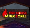Brightened Fire House Bar & Grill sign with flame logo and bold red, yellow, and white LED lettering mounted on a wall